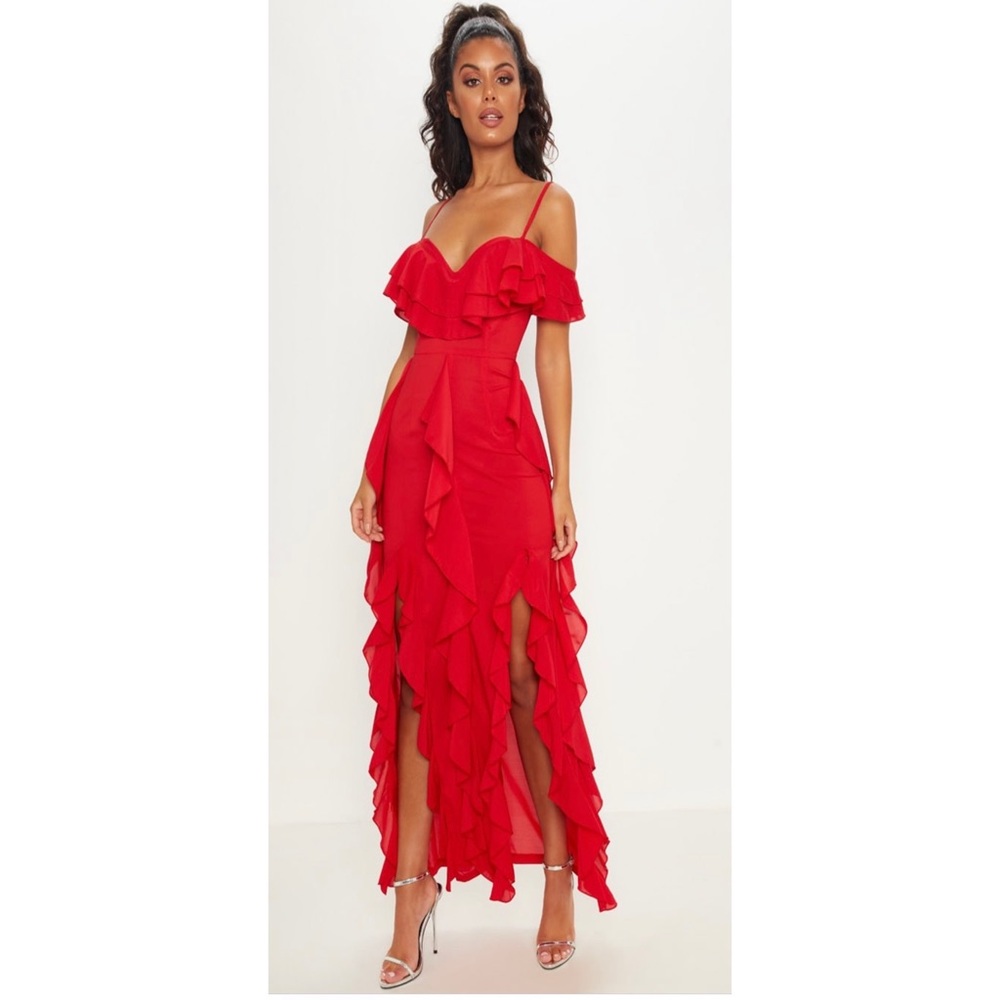 Red Cold Shoulder Ruffle Detail Maxi Dress